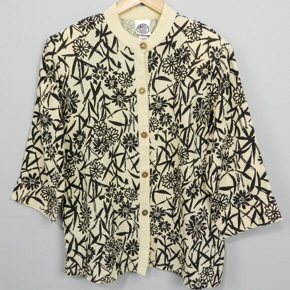 Vintage Produce Company Cotton Jacket Sz XL‎ Beige Black Floral Boxy Button Up - Picture 1 of 9